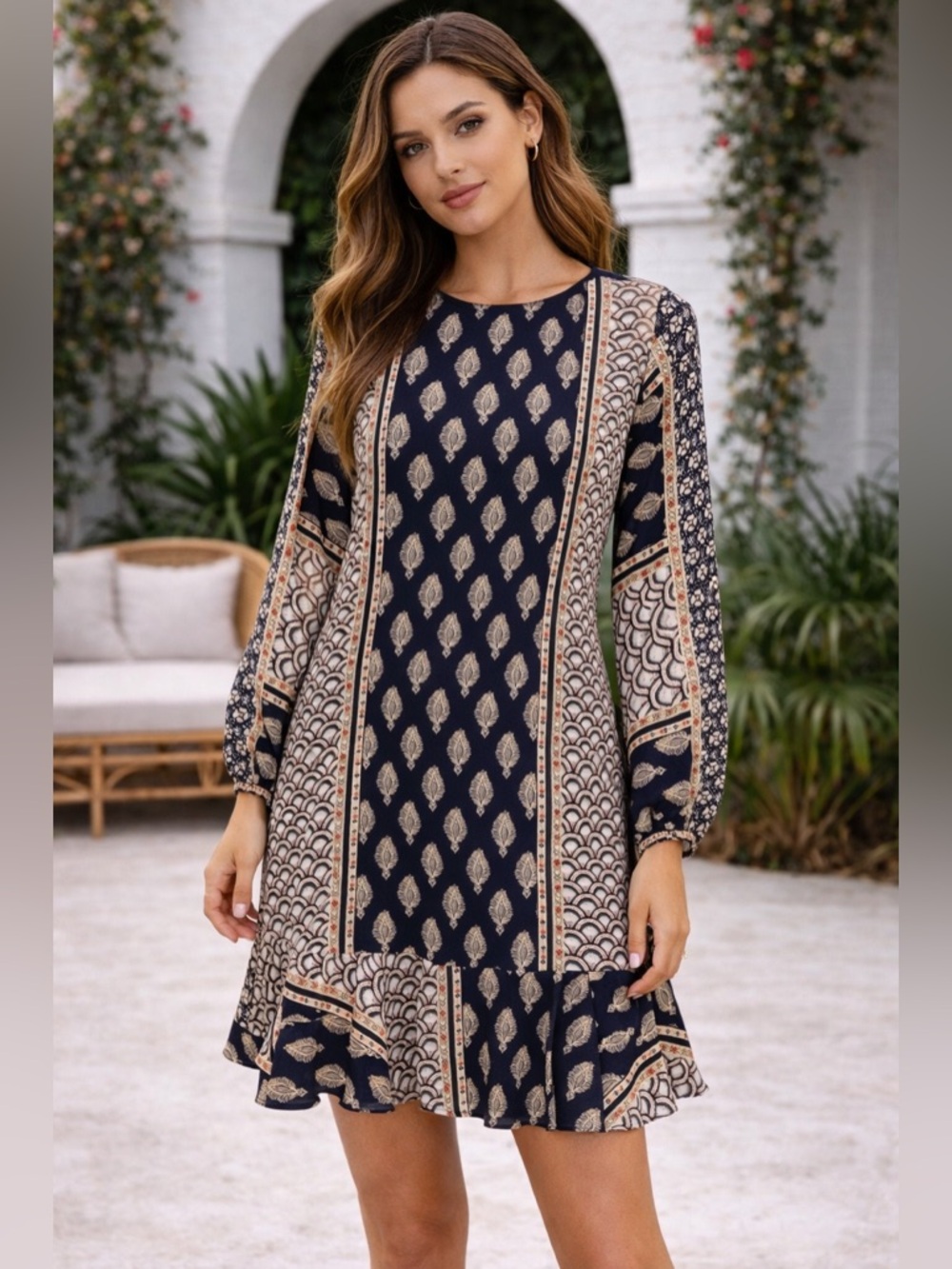 Chelsea28 Dress Blue Printed Open Back Ruffle Long Sleeve Mini